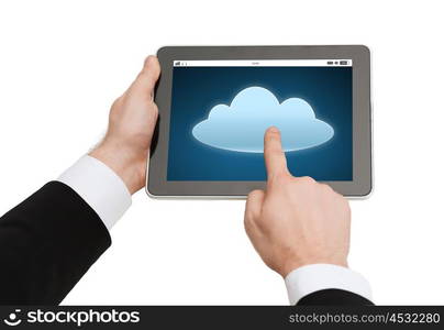 business, people, computing and technology concept - close up of man hands holding tablet pc computer with cloud icon on screen