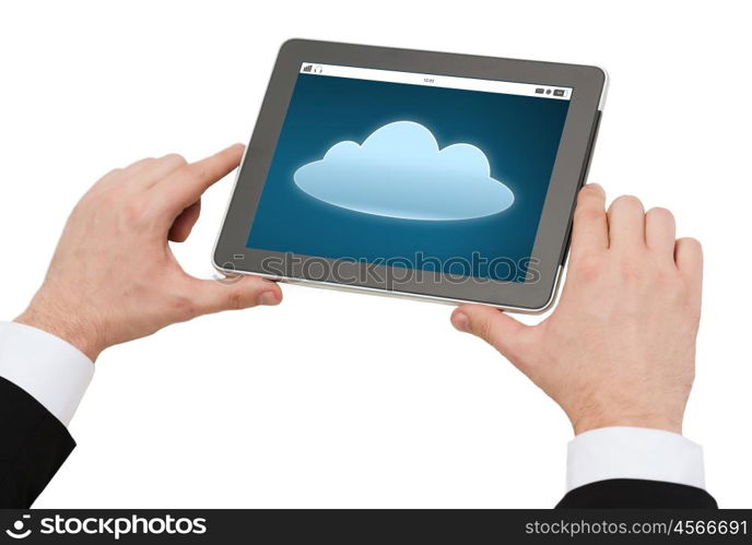 business, people, computing and technology concept - close up of man hands holding tablet pc computer with cloud icon on screen