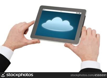 business, people, computing and technology concept - close up of man hands holding tablet pc computer with cloud icon on screen