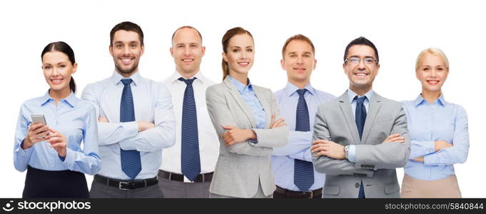 business, people, corporate, teamwork and office concept - group of happy businesspeople with crossed arms