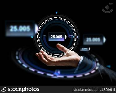 business, people, cyberspace and technology concept - close up of businessman hand with virtual hologram over dark background