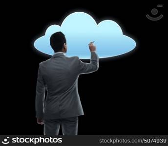 business, people, cyberspace, computing and technology concept - businessman with marker and virtual cloud projection from back over black background. businessman working with virtual cloud projection
