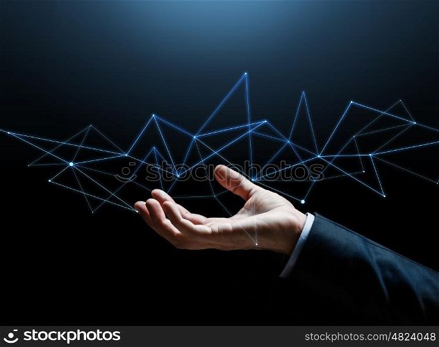 business, people, cyberspace, network and future technology concept - close up of businessman hand with hologram over black background