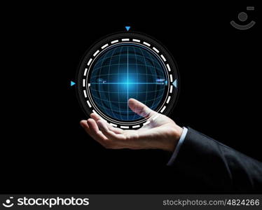 business, people, cyberspace, network and future technology concept - close up of businessman hand with hologram over black background