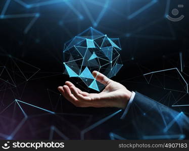 business, people, cyberspace, network and future technology concept - close up of businessman hand with hologram over black background. close up of businessman hand with hologram