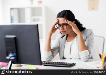 business, people, deadline and technology concept - stressed businesswoman with computer at office. stressed businesswoman with computer at office. stressed businesswoman with computer at office