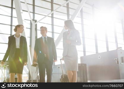 Business people discussing plans while walking with their luggage in airport