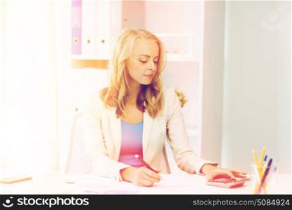 business, people, finance and accounting concept - smiling businesswoman with calculator counting and filling tax form at office. businesswoman with calculator counting at office. businesswoman with calculator counting at office