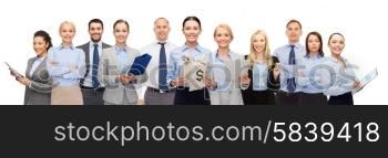 business, people, finances and banking concept - group of happy businesspeople with money bags