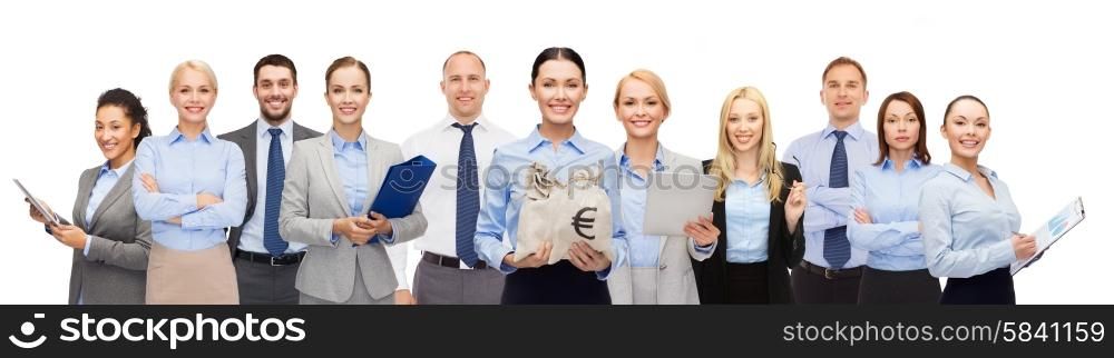 business, people, finances and banking concept - group of happy businesspeople with money bags