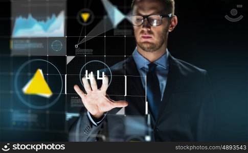 business, people, future technology and cyberspace concept - close up of businessman touching projection on virtual screen over dark background