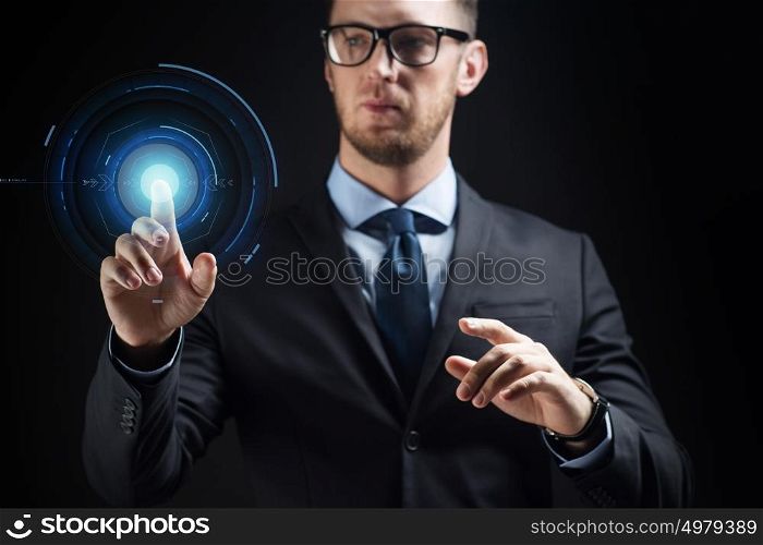 business, people, future technology and cyberspace concept - close up of businessman in suit with virtual projection. close up of businessman with virtual projection