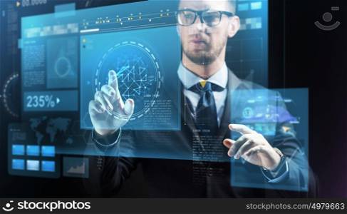 business, people, future technology and cyberspace concept - close up of businessman in suit with virtual screens projection over dark background. close up of businessman with virtual screens
