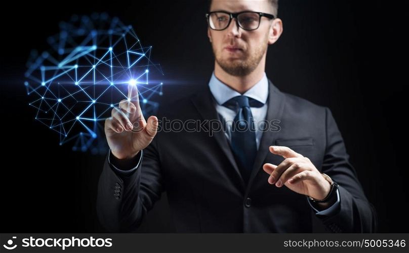 business, people, future technology and cyberspace concept - close up of businessman in suit with low poly projection. close up of businessman with network projection