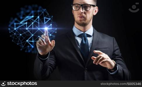 business, people, future technology and cyberspace concept - close up of businessman in suit with low poly projection. close up of businessman with network projection
