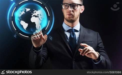 business, people, future technology and cyberspace concept - close up of businessman in suit with virtual earth projection over dark background. close up of businessman with earth projection