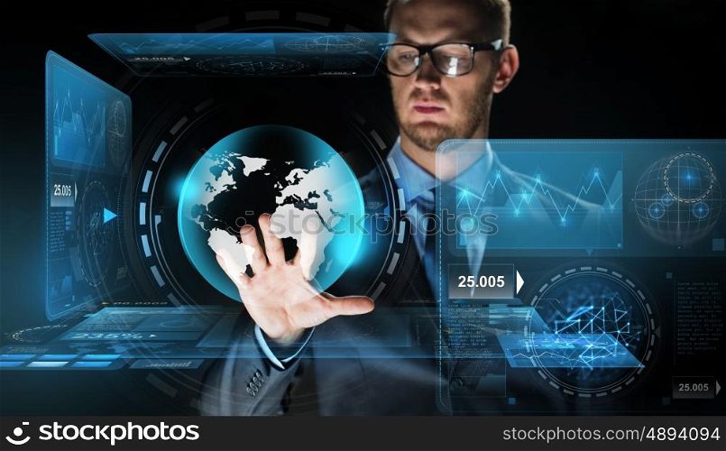 business, people, future technology, mass media and cyberspace concept - close up of businessman touching earth globe projection on virtual screen over dark background