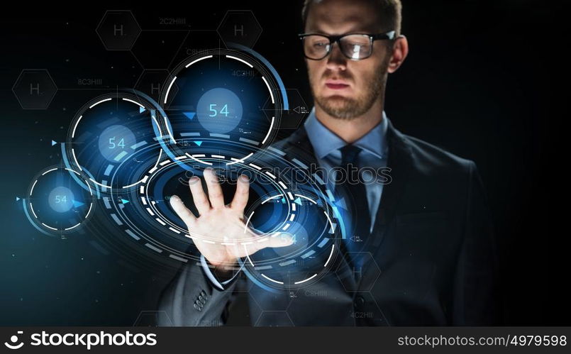 business, people, future technology, science and cyberspace concept - close up of businessman touching virtual projection with chemical formula over dark background. businessman touching virtual projection