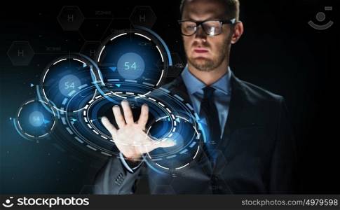 business, people, future technology, science and cyberspace concept - close up of businessman touching virtual projection with chemical formula over dark background. businessman touching virtual projection