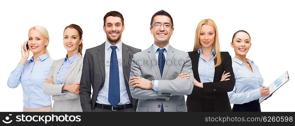 business, people, gesture and office concept - group of smiling businessmen