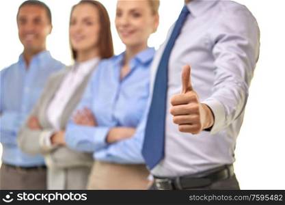 business people, gesture and success concept - close up of businesswoman showing thumbs up. close up of businessman showing thumbs up
