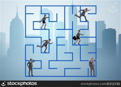 Business people getting lost in maze uncertainty concept. The business people getting lost in maze uncertainty concept