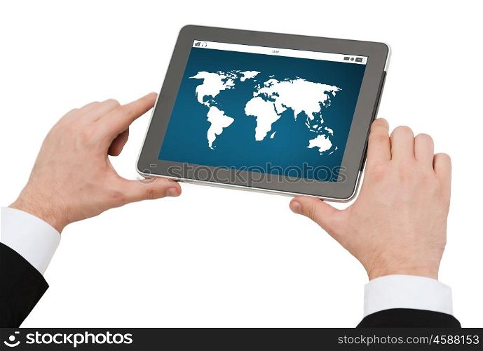 business, people, global communication, network and technology concept - close up of man hands holding tablet pc computer with world map on screen