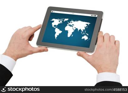 business, people, global communication, network and technology concept - close up of man hands holding tablet pc computer with world map on screen