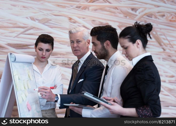 business people group brainstorming on meeting and businessman presenting ideas and projects on flipboard to senior ceo manager, boss giving task and projects to employees