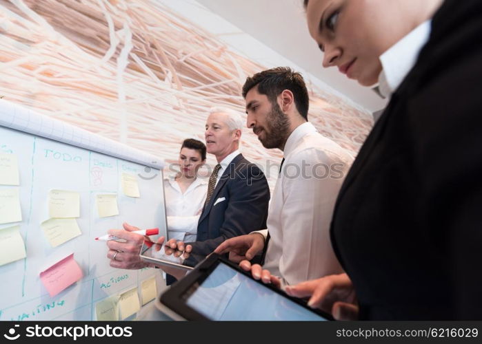 business people group brainstorming on meeting and businessman presenting ideas and projects on flipboard to senior ceo manager, boss giving task and projects to employees