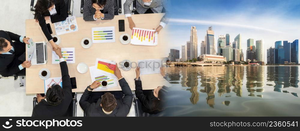 Business people group meeting shot from top view in office . Profession businesswomen, businessmen and office workers working in team conference with project planning document broaden view .. Business people group meeting shot from top view broaden view