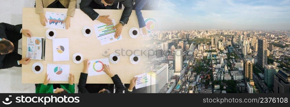 Business people group meeting shot from top view in office . Profession businesswomen, businessmen and office workers working in team conference with project planning document broaden view .. Business people group meeting shot from top view broaden view
