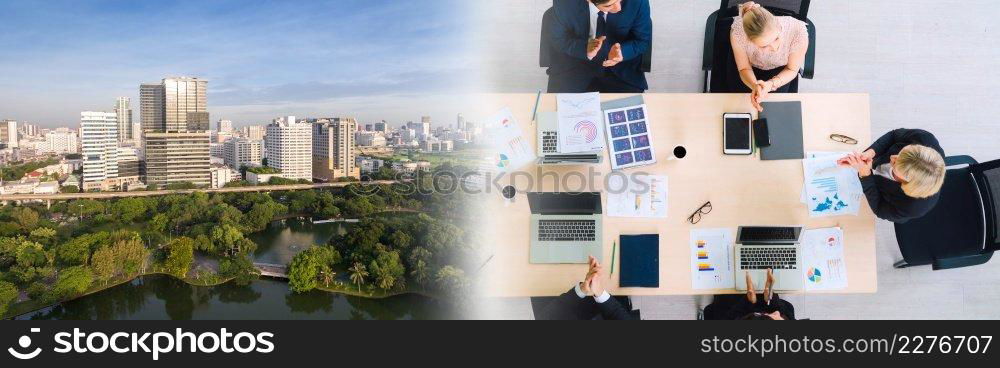 Business people group meeting shot from top widen view in office . Profession businesswomen, businessmen and office workers working in team conference with project planning document on meeting table .. Business people group meeting shot from top widen view