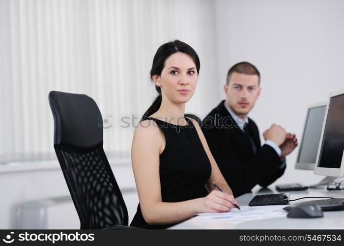 business people group with headphones giving support in help desk office to customers, manager giving training and education instructions