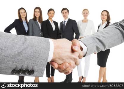 Business people handshake. Business people handshake over team of people isolated on white background