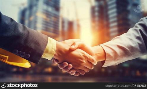 Business People Handshake Sealing Modern Construction Deal. Generative ai. High quality illustration. Business People Handshake Sealing Modern Construction Deal. Generative ai