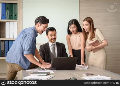 Business people happy and surprising in meeting office, successful teamwork concept