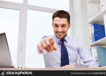 business, people, hiring and job concept - smiling happy businessman pointing on you in office
