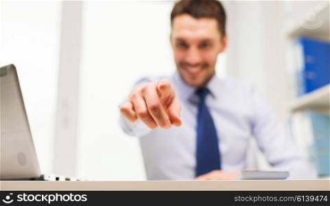 business, people, hiring and work concept - smiling businessman pointing on you in office