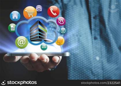 Business people hold mobile phones with virtual cloud computing, data transfer and cloud computing, technology concept of the future.