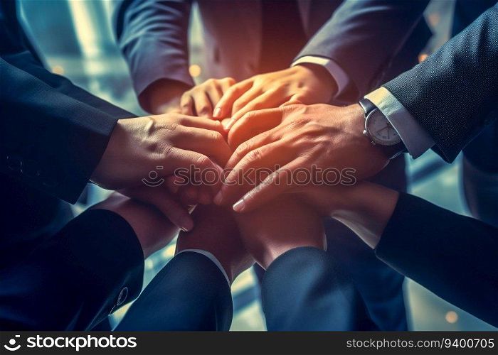 Business People Holding Hands in Stack, Creating Teamwork Concept. Generative ai. High quality illustration. Business People Holding Hands in Stack, Creating Teamwork Concept. Generative ai