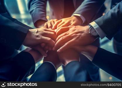 Business People Holding Hands in Stack, Creating Teamwork Concept. Generative ai. High quality illustration. Business People Holding Hands in Stack, Creating Teamwork Concept. Generative ai