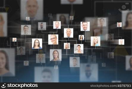 business, people, human resources, social network and technology concept - contacts icons over dark blue background. business contacts over dark blue background