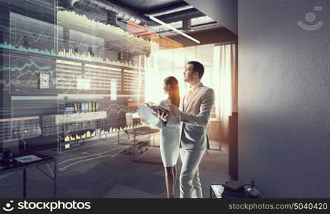 Business people in office mixed media. Business people in modern office interior working in cooperation