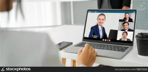Business people in video call meeting proficiently discuss business plan in office and virual workplace . Telework conference call using smart video technology to communicate colleague .. Business people in video call meeting proficiently discuss business plan