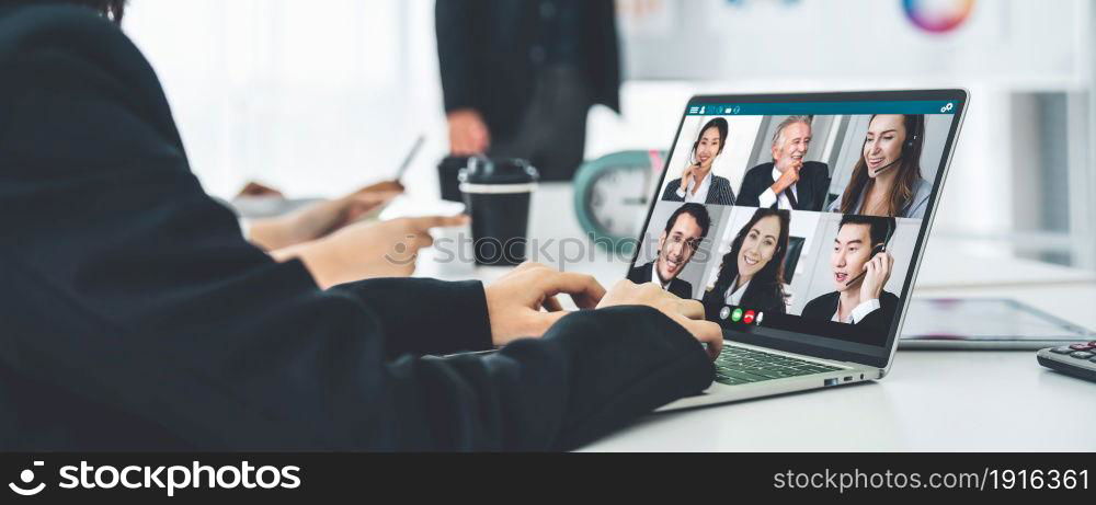 Business people in video call meeting proficiently discuss business plan in office and virual workplace . Telework conference call using smart video technology to communicate colleague .. Business people in video call meeting proficiently discuss business plan