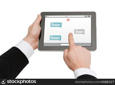 business, people, internet, online communication and technology concept - close up of man hands holding tablet pc computer with messenger on screen
