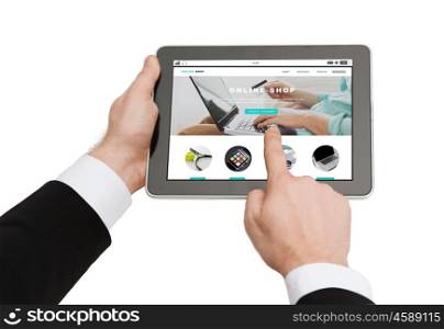 business, people, internet shopping and technology concept - close up of man hands holding tablet pc computer with online shop web page on screen