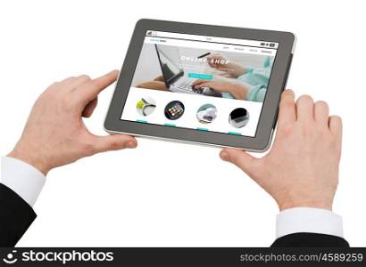 business, people, internet shopping and technology concept - close up of man hands holding tablet pc computer with online shop web page on screen