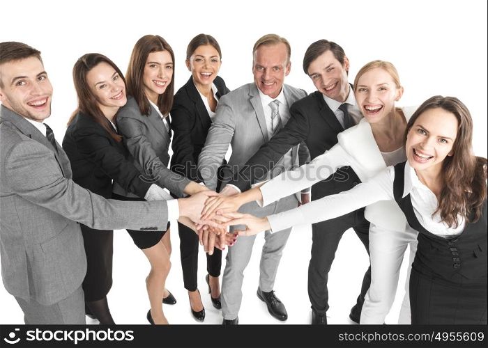Business people joined hands. Concept of teamwork. Business people team joined hands, isolated on white background